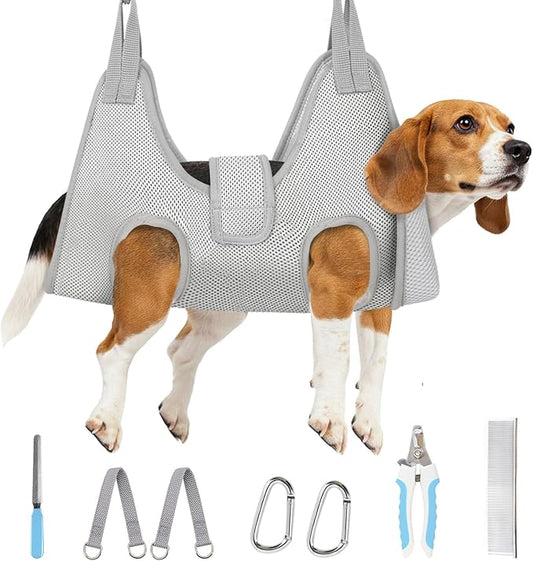 Supet Dog Grooming Hammock for Large Dogs, Dog Hanging Harness for Nail Trimming Doorframe, Pet Holder Restraint for Clipping Nails, Pet Hoist Sling for Cutting Nails at Home (Grey L)