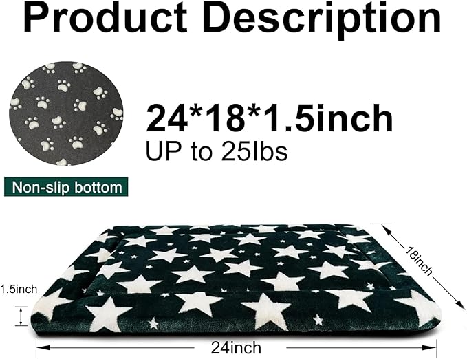 Fogkiss Dog Bed Mat, Reversible Dog Crate Pad with Washable Kennel Mat and Soft Foam, Pet Bed for Dogs & Cats, for Crates Carriers & Travel (Big&Small Stars Green, 24" L*18" W*1.5" Th)