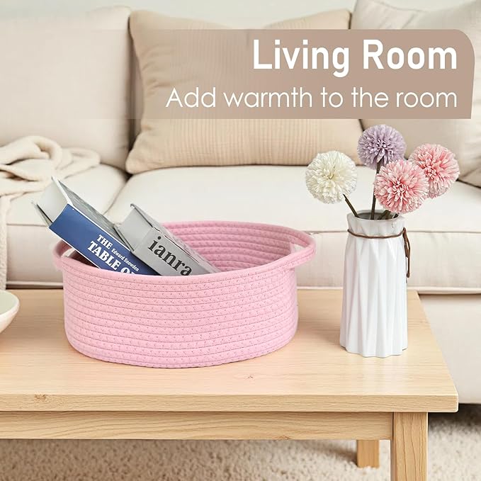 JMvicyroam Woven Basket,Small Rope Storage Bin with Handles & Ribbon Bag, Organizer for Shelves Closets,Gift Basket Empty for Birthday,Books,Dog Toys, Pink/2 Pack