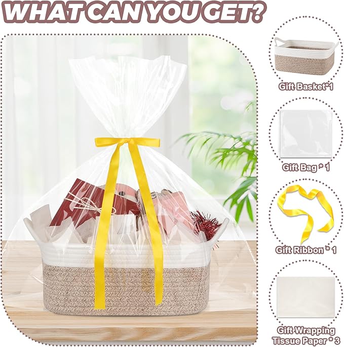 OIASKET Basket for Gifts Empty, Woven Storage Basket with Gift Bag, Ribbon and Wrap Tissue Paper, Small Rope Toy Storage with Handles for Baby Shower, Dog Toy Organizer, 13.6" x 10" x 5.9”