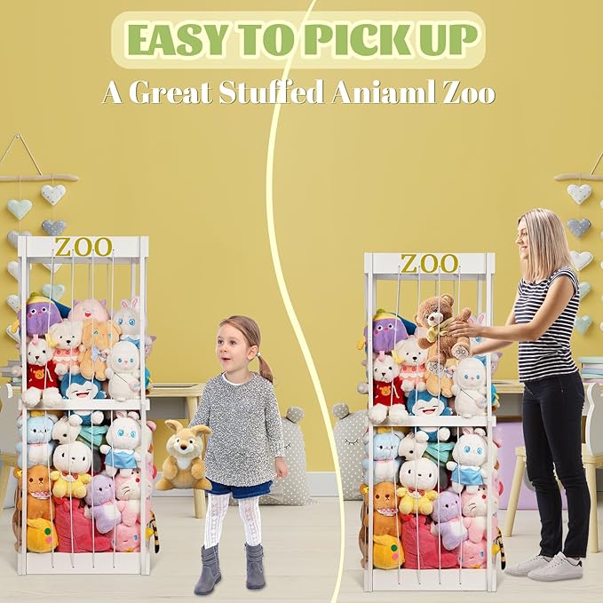 Trycooling Stuffed Animal Zoo Stuffed Animal Storage Wood Plushie Storage Stuffed Animals Zoo Storage Cage with Zoo Pattern Elastic Band for Nursery Play Room Bedroom (White)