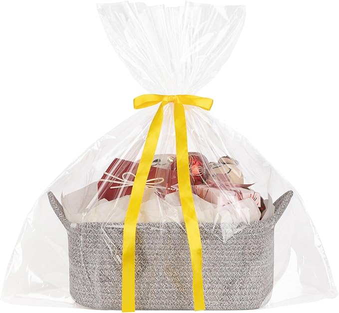 OIASKET Basket for Gifts Empty, Woven Storage Basket with Gift Bag, Ribbon and Wrap Tissue Paper, Small Rope Toy Storage with Handles for Baby Shower, Dog Toy Organizer, 13.6" x 10" x 5.9”, Gray