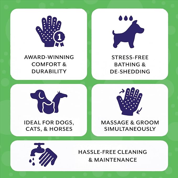 HandsOn Pet Grooming Gloves - #1 Ranked, Award Winning Shedding, Bathing, & Hair Remover Gloves for Cats, Dogs, and Horses (Green / Black, Large)