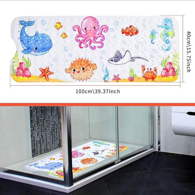 Bath Mat for Tub Non Slip, Machine Washable Anti-Slip Cartoon Baby Bathtub Shower Mat with Drain Holes and Suction Cups for Toddler & Kids, 40 Inch x 16 Inch-Rectangular, Pink Octopus