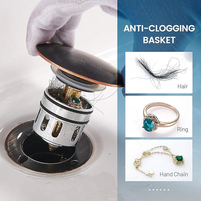 Vessel Sink Drain,Bathroom Pop-up Drain with Detachable Basket Stopper, Anti-Explosion and Anti-Clogging Drain Strainer, Sink Drain Assembly with Overflow Oil Rubbed Bronze, RWF083K