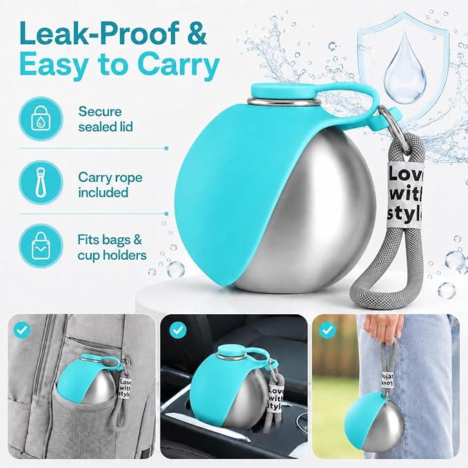 Portable Dog Water Bottle, 10 oz Stainless Steel Pet Travel Dispenser with Silicone Foldable Bowl, Leak Proof Tumbler, Dog Walking Accessories for Hiking and Small Pets (Blue)