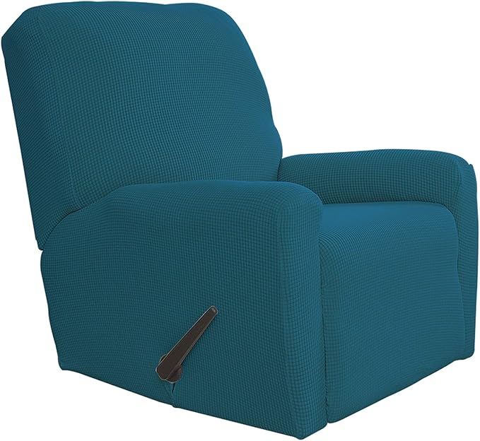 Easy-Going Recliner Stretch Sofa Slipcover Sofa Cover 4-Pieces Furniture Protector Couch Soft with Elastic Bottom Spandex Jacquard Fabric Small Checks(Recliner,Peacock Blue,Large)