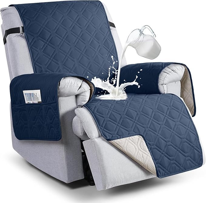 VANSOFY 100% Waterproof Recliner Chair Covers, Recliner Cover Non-Slip Dog Chair Cover Furniture Protector Washable Slipcover with Pocket, Elastic Straps for Pets, Dogs(Navy Blue, 28")