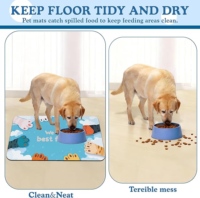 Cat Paw Pet Feeding Mat–Quick Dry Absorbent Dog Cat Food Mat, Non Slip Waterproof Bowl Placemat for Messy Eaters, Pet Accessories for Floors 16"x24"