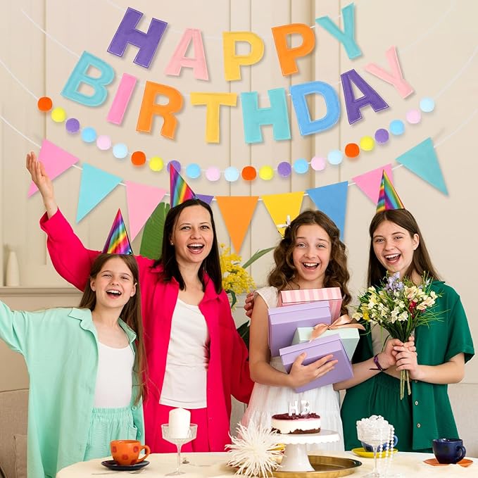 4 Strings Happy Birthday Felt Banner Decoration Pastel Birthday Sign Hanging Garland Reusable Bunting Banner Pom Pom Garland Backdrop Decor for Girls Boys Bday Party Supplies Wall Decor