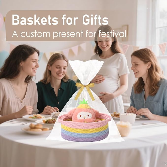 Woven Basket,Small Rope Storage Bin with Handles & Ribbon Bag, Organizer for Shelves Closets,Gift Basket Empty for Birthday,Books,Dog Toys, Rainbow/3 Pack