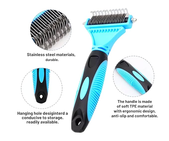 3-in 1 Dog & Cat Grooming Supplies- Self-cleaning Slicker Brush, Deshedding Rake Comb, And Finger Toothbrush For Dogs & Cats | Perfect For Pet Grooming Kit, Dematting And Dental Tool (blue)
