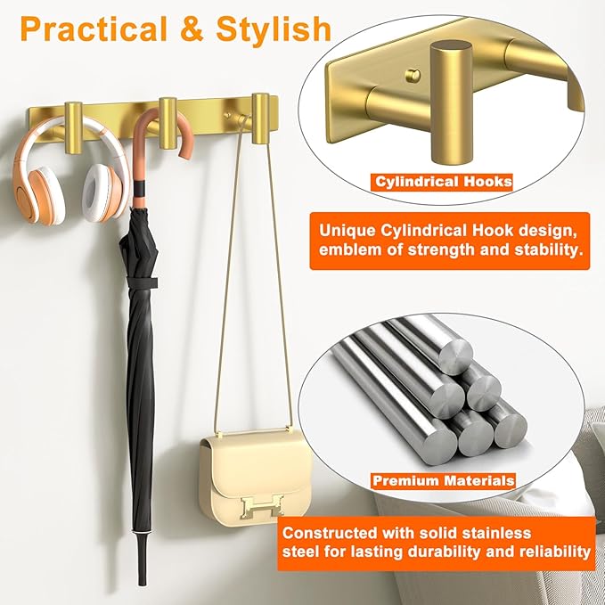 VINHOLD Wall Mounted Coat Rack-3 Hooks, Heavy Duty Stainless Steel Wall Hooks for Towel Coat Bag, Hat Rack Coat Hanger Coat Hooks Towel Racks for Bathroom Entryway Kitchen Hotel Office (Gold,1 Pack)