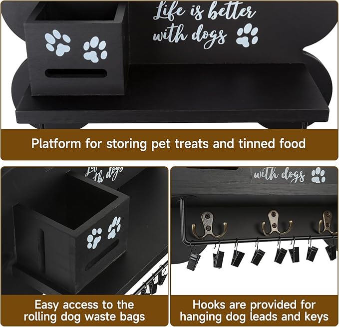 Wood Dog Leash Holder for Wall, Key Hangers with 3 Double Key Holder for Wall, Dog Stuff Organizer and Doggie Bone Key Hooks Wall Mount for Entryway, Farmhouse Treats, Black