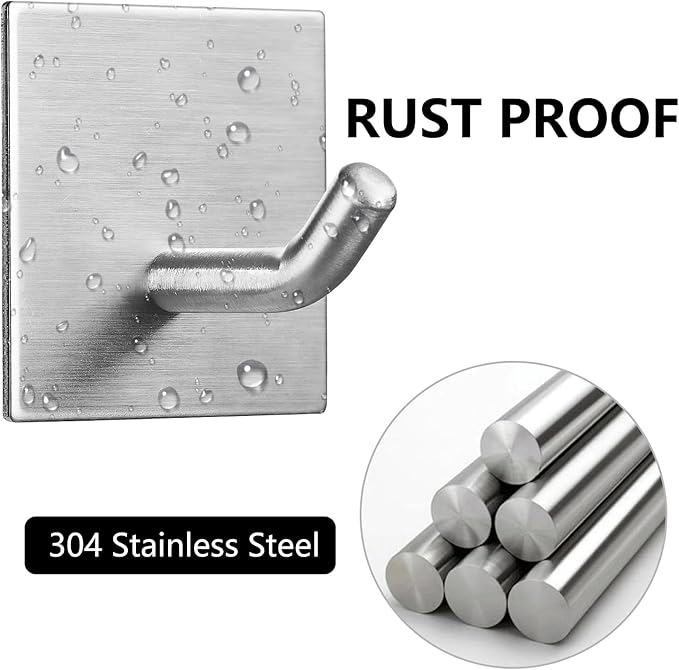 Heavy Duty Adhesive Hooks, Stick on Wall Adhesive Hangers, Strong Stainless Steel Holder, Self Adhesive Hooks for Kitchen Bathroom Home Door Towel Coat Key Robe 6 Packs Silver