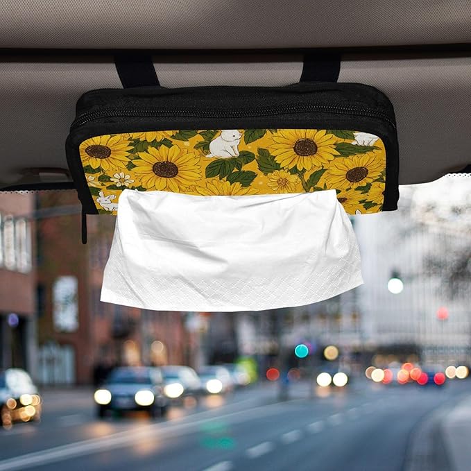 Car Tissue Holder Car Napkin Holder Car Tissue Box Dispenser Storage Case Sun Visor Mask Holder with Adjustable Straps Reusable Refillable Autumn Sunflower and Cute Rabbit