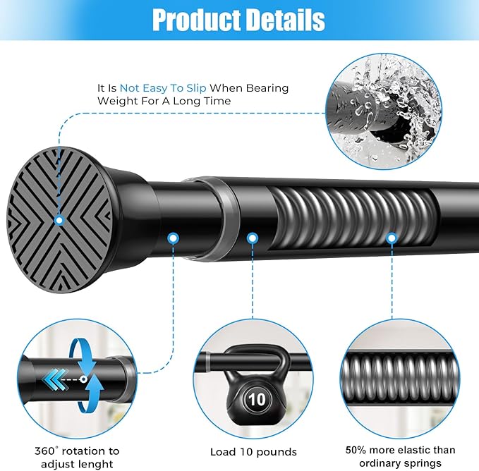 1pack Shower Curtain Rod 30-76 inch Black Tension Rod Shower rod Non Slip Adjustable Curtain Rods No Drilling Tension Curtain Rod Shower Rods for Bathroom Windows Closet