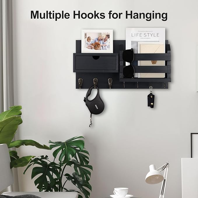 Wall Mount Key Holder with Mail Organizer, 100% Paulownia Wood, 7 Metal Hooks, Storage Drawer, Entryway Home Decor (Black)