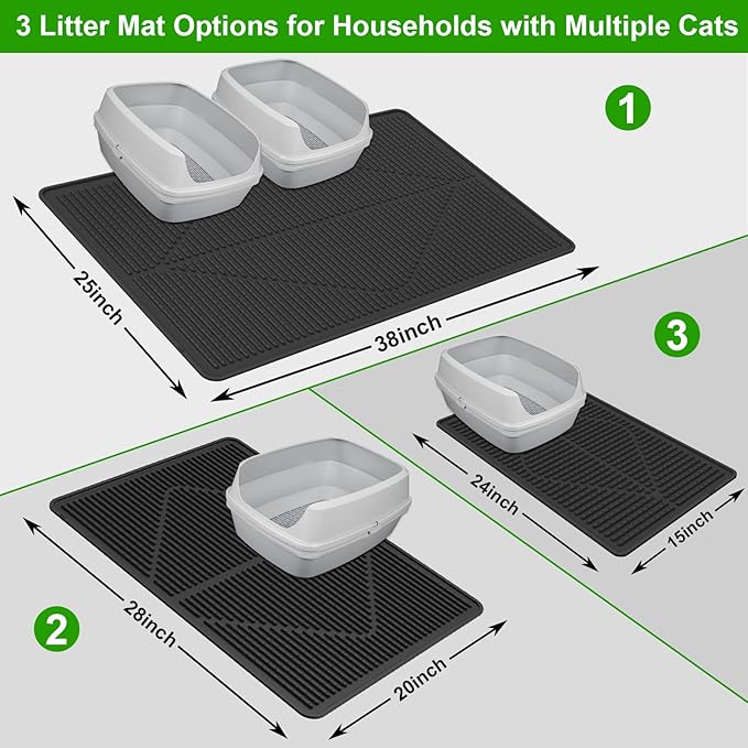 Gosmol Waterproof Cat Litter Mat, XL 28" x 20" Silicone Cat Mat for Litter Box, Large Pet Mat with Deep Grooves, Easy Clean Litter Mats Non-Slip Design Protects Floors & Carpets from Stains - Black