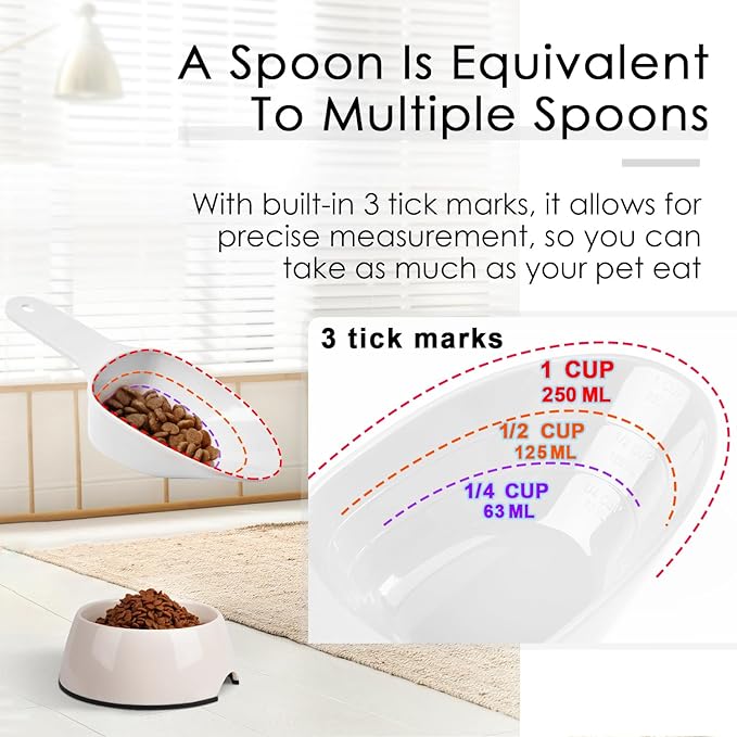FURMYLOVE Dog Food Scoop-Melamine Pet Food Measuring Cup - 1 Cup 1/2 Cup 1/4 Cup Dog Cat Bird and Rabbit Food Feeding Scoop Dishwasher Safe - White