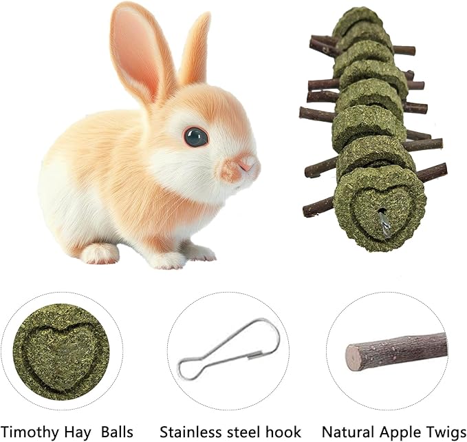 LWINGFLYER 4 Pack Bunny Chew Toys Apple Wood Chews Rabbit Cage Hanging Grass Cake Snack Treat for Teeth Grinding Improve Small Pet Guinea Pigs Chinchillas Hamsters Parrots Dental Health