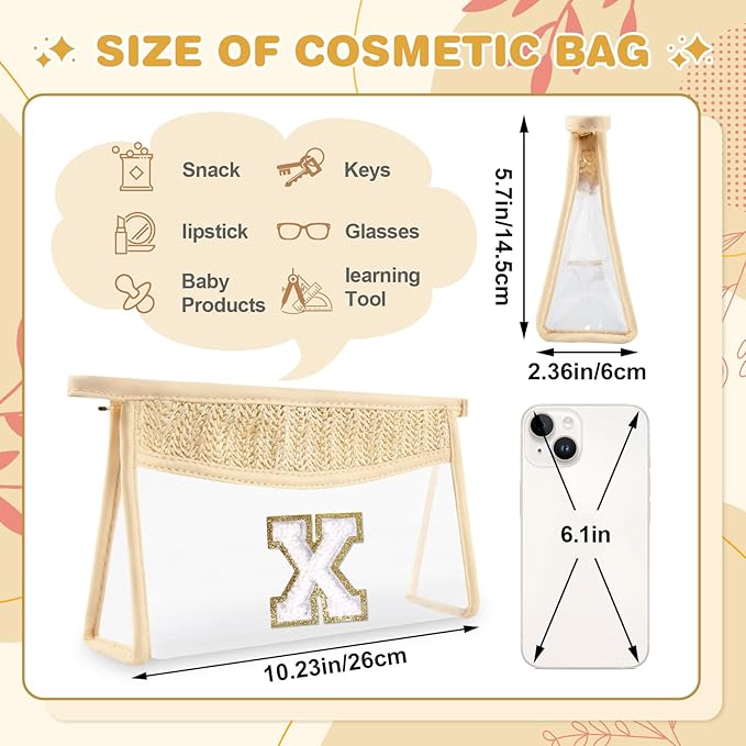Personalized Initial Letter Bag Boho Straw Clear Makeup Bag,Small Cute Chenille Varsity Letter Pouch With Zipper,Beach Travel Toiletry,Portable Monogrammed Cosmetic Bag for Women Girls,X