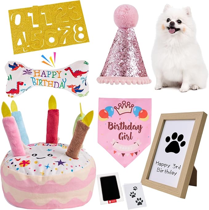 Dog Birthday Toy Set, Dog Squeaky Toys, Includes Squeaky Cake Toy, Plush Bones, Birthday Hats, Bandana, Paw Print Kit & Photo Frame. Pet Gift Supplies, Pink
