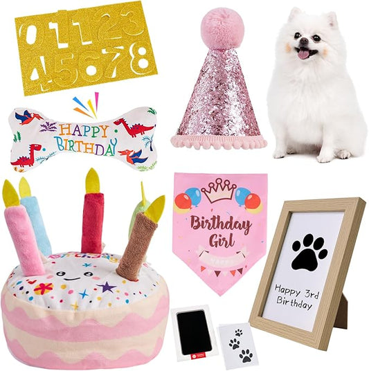 Dog Birthday Toy Set, Dog Squeaky Toys, Includes Squeaky Cake Toy, Plush Bones, Birthday Hats, Bandana, Paw Print Kit & Photo Frame. Pet Gift Supplies, Pink