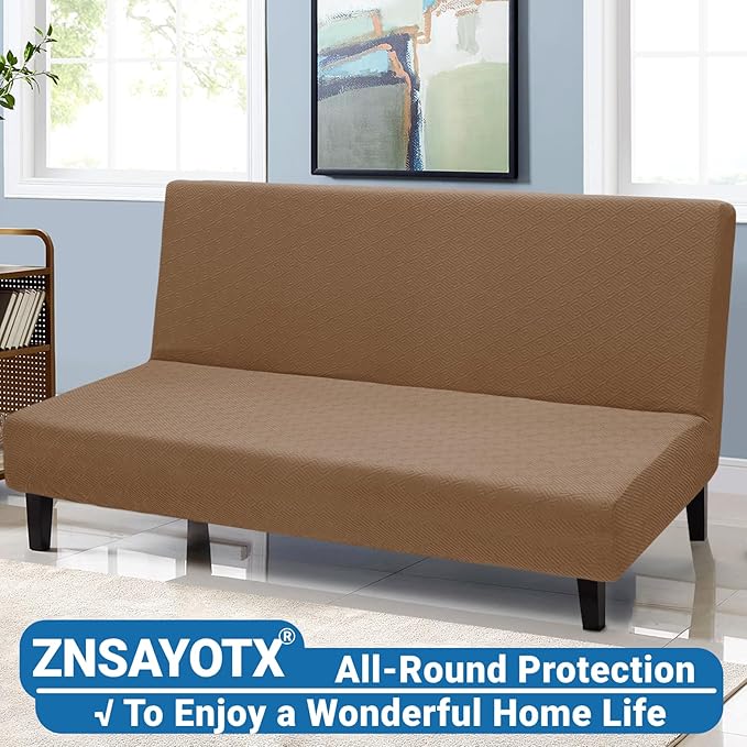 ZNSAYOTX Stretch Fit Futon Cover (67"-82") Armless Futon Sofa Bed Slipcover with Elastic Band, Universal Foldable Sofa Mattress Protector Full Queen Size, Washable Comfort Jacquard (Light Coffee)
