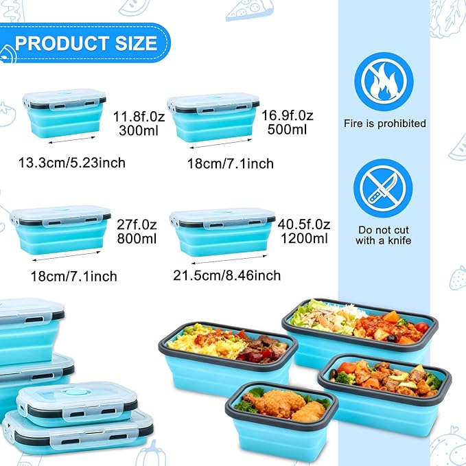 4 Set Collapsible Food Storage Containers Silicone Lunch Container with Lids Collapsible Lunch Box Food for Camper Leftovers Snacks Meals Dorm Kitchen Microwave Blue with Gray Edges