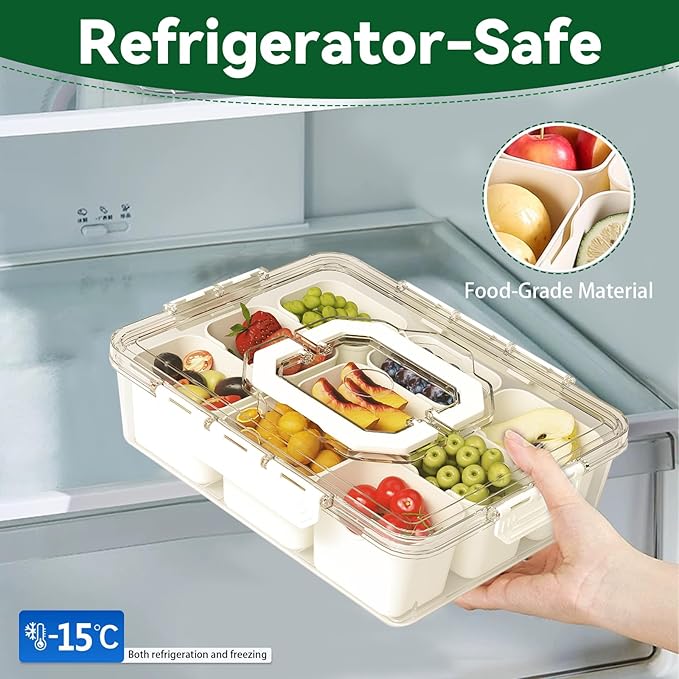 REBECAT Divided Serving Tray with Lid and Handles 9 Compartments Snack Box Container Charcuterie Organizer Snackle Box Container for Candy,Nuts，Fruits,Snacks,3 Pack,Beige