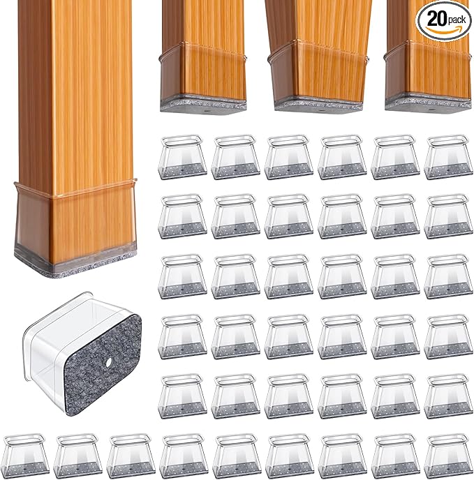 BUMACO Chair Leg Floor Protectors Rectangle Chair Leg Protectors for Hardwood Floors Silicone Pads Covers to Protect Floors(Clear-40 Pcs, Rectangle M Fit (L:1-1/8” ~ 1-1/2”,W:3/4” ~ 1”)