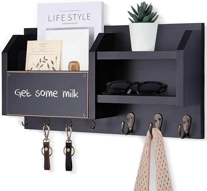 Mail and Key Holder – Wall Mount Key Hanger with Shelf and 7 Metal Hooks – Decorative Natural Paulownia Wood Entryway Organizer with Mounting Hardware (16.5”W x 8.7”H x 3.5”D) (Black)