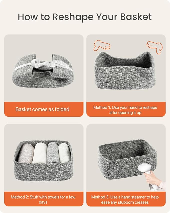 Small Woven Basket, 12 x 8 x 4.5 Inches, Storage Basket for Organizing, Cute Small Rope Shelf Closet Cube Storage Bins Baskets for Shelves, Dog Toy Gift Baskets Empty, 3 Packs, Mixed Grey