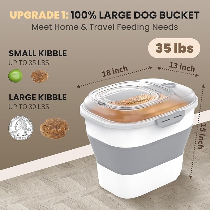 DDMOMMY 32-35 Lbs Dog Food Storage Container,Collapsible Dog Food Container with Transparent Airtight Lid,Wheels,Date Track,Pet Food Storage Container for Rice,Flour,Sugar,Scoop And 2PCS Containers