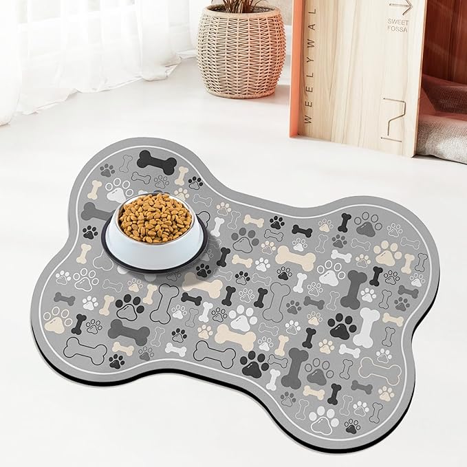 Dog & Cat Food Mat Bone Shaped Pet Feeding Mat Quick Absorb Water Bowl Placemat with Rubber Backing Indoor Floor Stain Resistant Pet Accessory Supplies (Gray, 12x24 Inches)