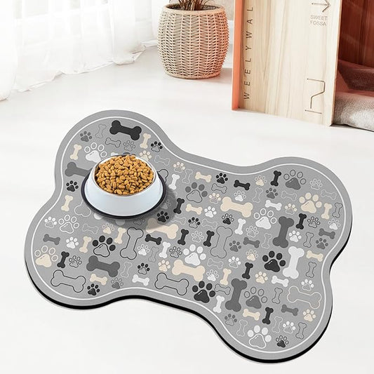 Dog & Cat Food Mat Bone Shaped Pet Feeding Mat Quick Absorb Water Bowl Placemat with Rubber Backing Indoor Floor Stain Resistant Pet Accessory Supplies (Gray, 12x24 Inches)