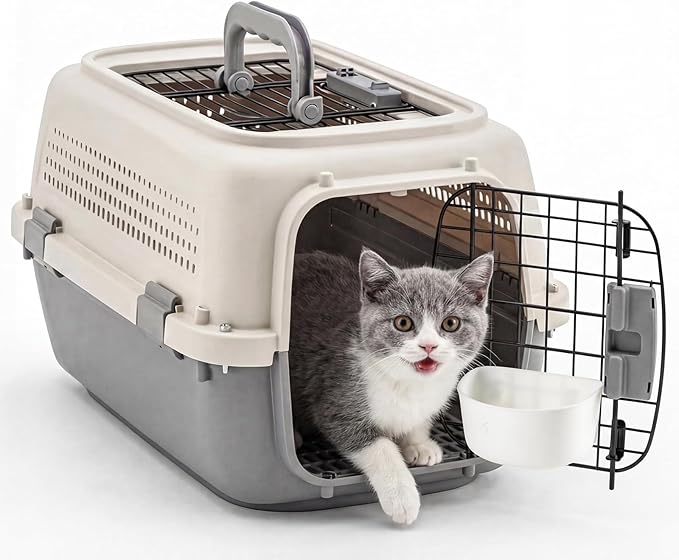 NEWBULIG 23" Hard-Sided Dog Carrier, Plastic Cat & Dog Crate, 4-Sided Ventilation Travel Pet Kennel, Top & Front Door Access, Integrated Food Bowl, for Small Pets up to 22 lbs, Beige & Grey
