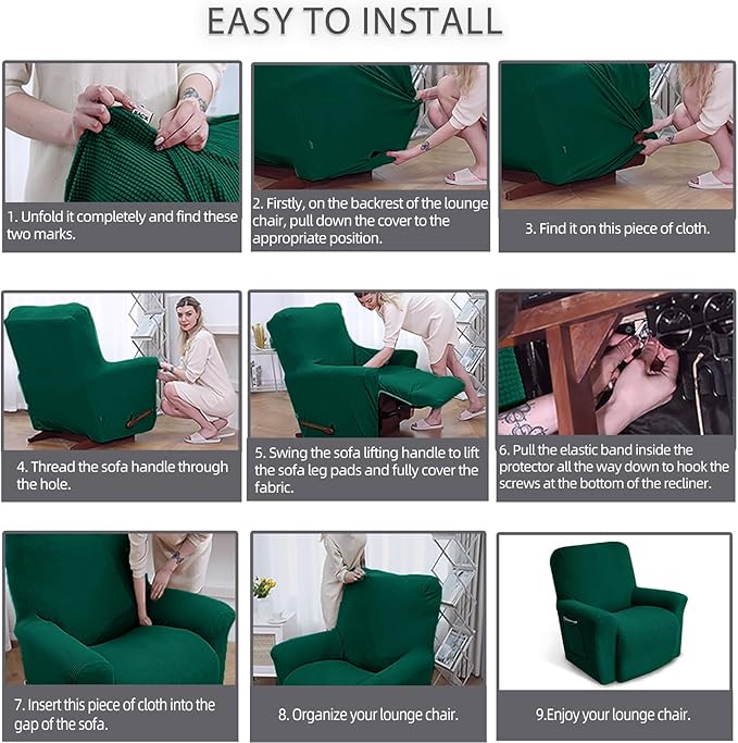 KEKUOU Recliner Chair Covers,Lazy Boy Recliner Covers Stretch Couch Cover Slipcovers 1 Piece Furniture Protector with Elastic Bottom for Dog,Kids.(Recliner, Dark Green)