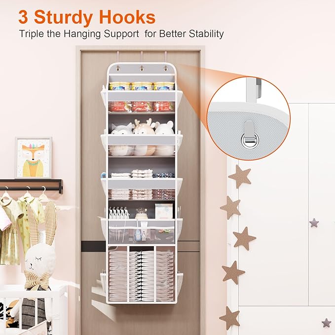 OneDream Over the Door Organizer for Nursery, 5-Tier Storage with Removable Caddy, Clear Pockets & Mesh Compartments, Ideal for Baby Essentials, Toiletries, Craft Supplies, Grey