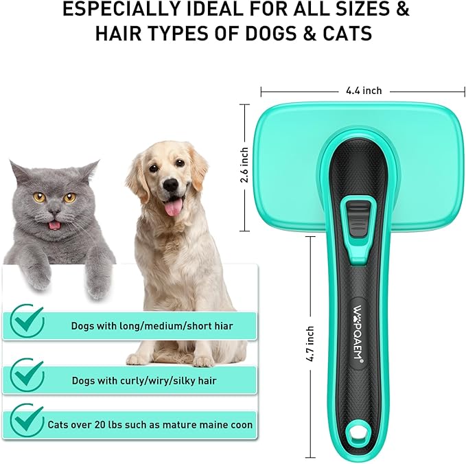 Self Cleaning Slicker Brush for Dog and Cat - Skin Friendly Shedding & Grooming Tool for Long and Short Haired Pets,Easy Clean Retractable Bristles,Green