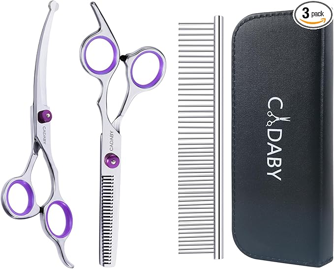CADABY Professional Dog Grooming Scissors with Safety Round Tips, 3 in 1 Dog Grooming Scissors Kit, 4CR Stainless Steel Pet Grooming Shears, Sharp and Sturdy, Purple
