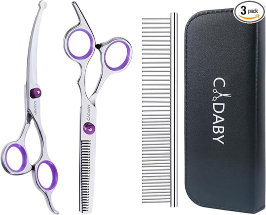 CADABY Professional Dog Grooming Scissors with Safety Round Tips, 3 in 1 Dog Grooming Scissors Kit, 4CR Stainless Steel Pet Grooming Shears, Sharp and Sturdy, Purple