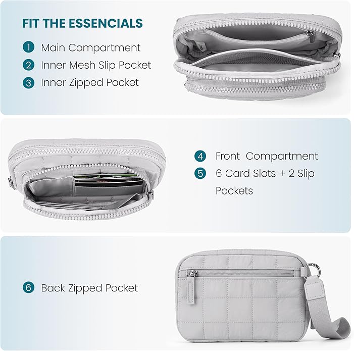 VONAL Wristlet Wallets for Women Nylon Quilted Wallet with 3 Zipper Purse for Travel Credit Card Holder Phone Organizer