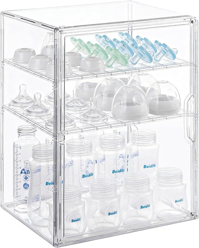 ERTIUANIO Baby Bottle Organizer – 3 Tier Bottle Storage Organizer Baby for Nipples, Pump Parts, Food Jars – Clear Acrylic Bottle Station Organizer for Countertop and Kitchen, Gifts for New Mom