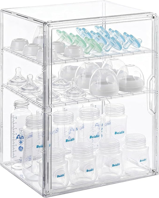 ERTIUANIO Baby Bottle Organizer – 3 Tier Bottle Storage Organizer Baby for Nipples, Pump Parts, Food Jars – Clear Acrylic Bottle Station Organizer for Countertop and Kitchen, Gifts for New Mom