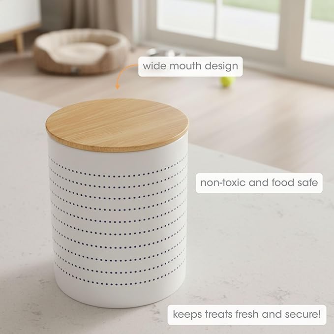 Pearhead Ceramic Dog Treat Jar with Wooden Lid – Container for Dog Biscuits & Training Treats, Airtight Stoneware Pet Snack Storage Canister, Modern Blue Dot Kitchen Countertop Jar