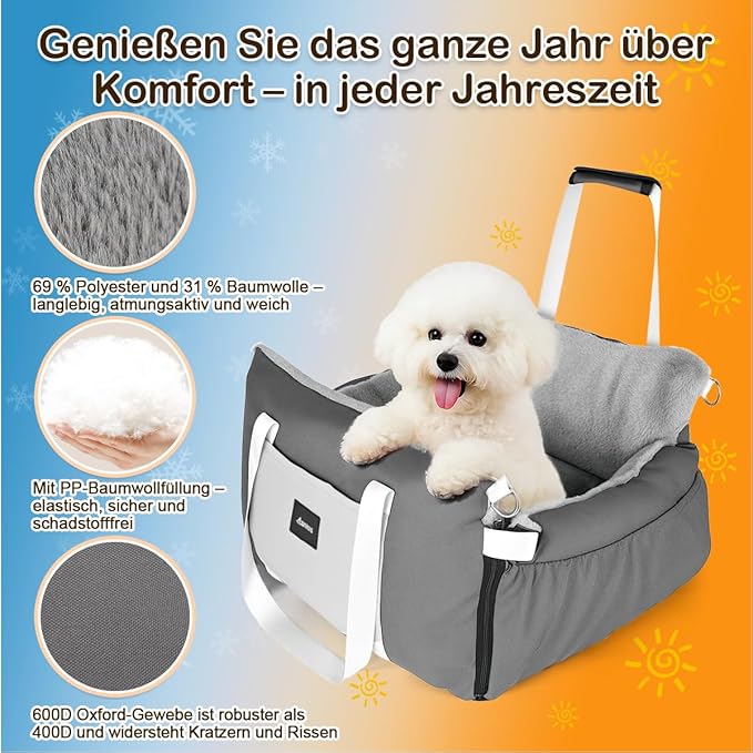 Dog Car Seat for Small Dogs with Extension Zone, Portable Washable Travel Bed for Pets up to 30 lbs, Booster Seat for Front Seat & Camping, Includes Harness Clip – Grey
