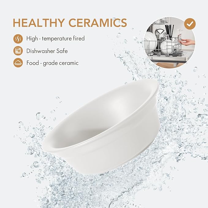 Ceramic 5.5inch Set of 2 Dog and Cat Bowls, 2pcs Basic 1 Cup Food or 9.5 oz Water Dishes for Puppy, Kitty, Wide Opening Rounded Edge (2 Bowls, Matt White)