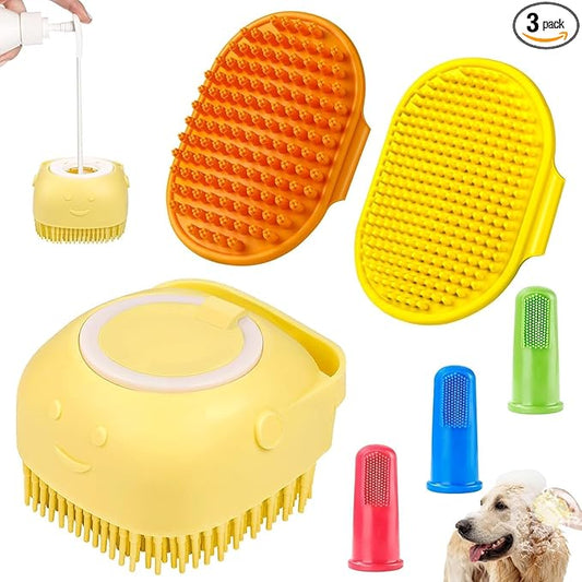 Comotech 6PCS Dog Bath Brush & Dog Toothbrush | Adjustable Handle Shampoo Brush & Scrubber for Short & Long Haired Dogs & Cats | Effectively Solve Odor & Stain Removal Problems (Orange Yellow Yellow)